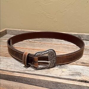 Ariat Brown Leather Belt with Ornate Silver Buckle
